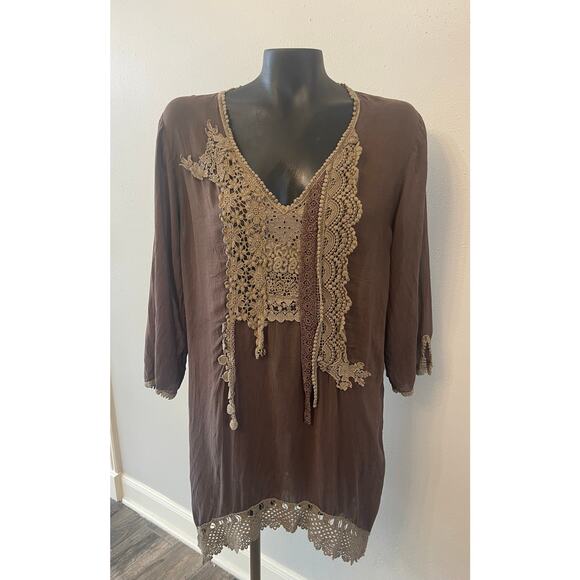 Johnny Was Brown Tunic Topic asymmetrical crocheted v-neck hem sz MBoho Festival - Picture 1 of 4